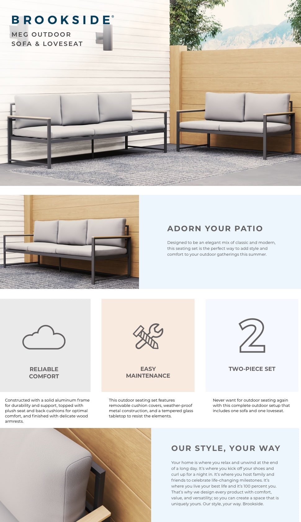 Brookside Meg 2Piece Outdoor Metal Sofa and Loveseat Seating Set with